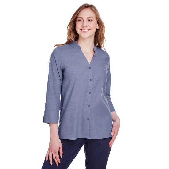 Ladies' Crown Collection Stretch Pinpoint Chambray 3/4 Sleeve Blouse