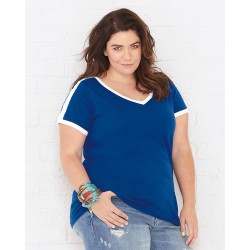 LAT - Women's Curvy Retro Ringer Premium Jersey V-Neck Tee